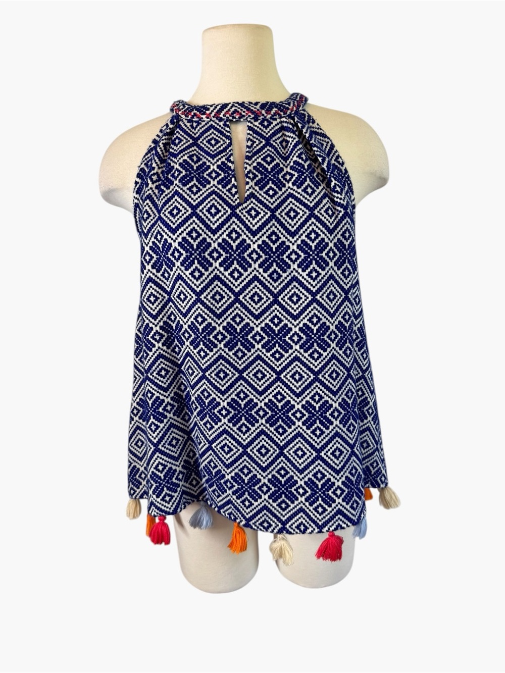 Womens THML Blue Geometric Halter Dress with Colorful Tassels- missing button